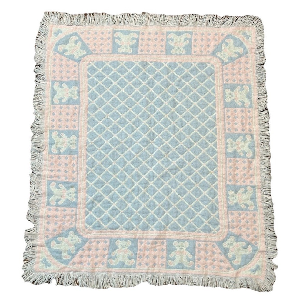 Vtg Teddy Bear Woven Tapestry Neutral Color Block Baby Blanket Throw Fringe 90s
